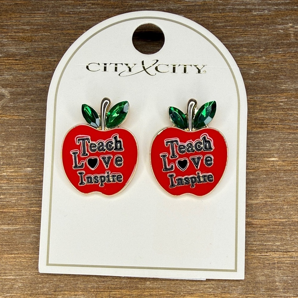 City X City Teach Love Inspire Apple Earrings Drop Stud Red Gold Green